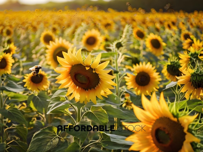Sunflowers in a field with a bee
