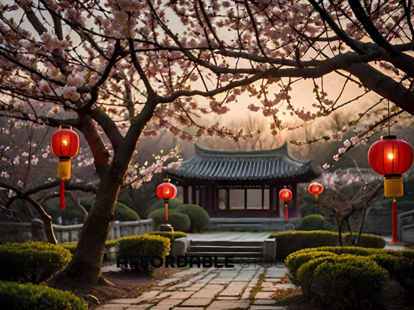 A garden with a pagoda and cherry blossoms