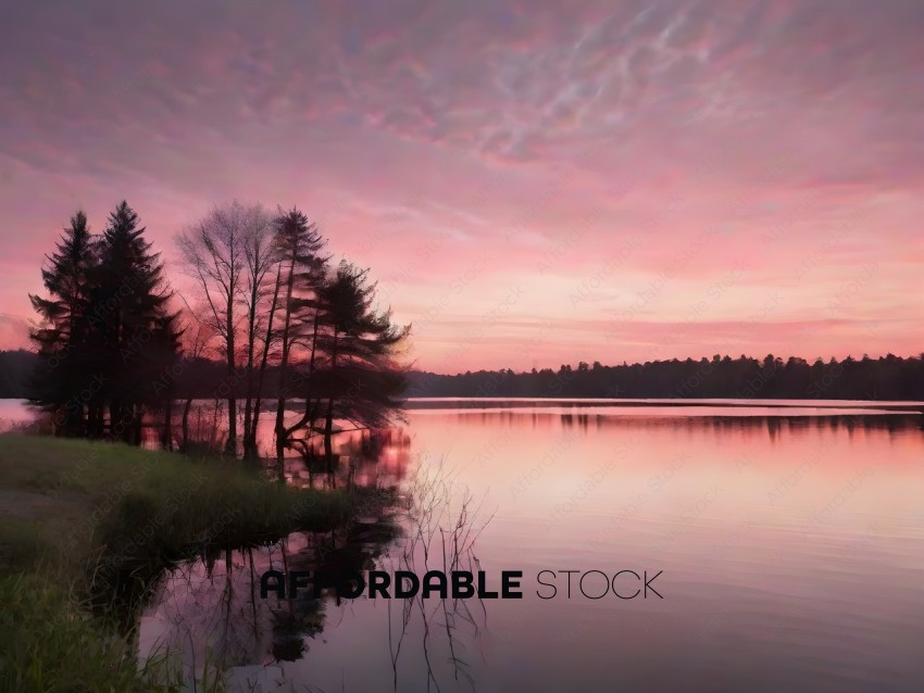 Pink Sunset on a Lake with Trees