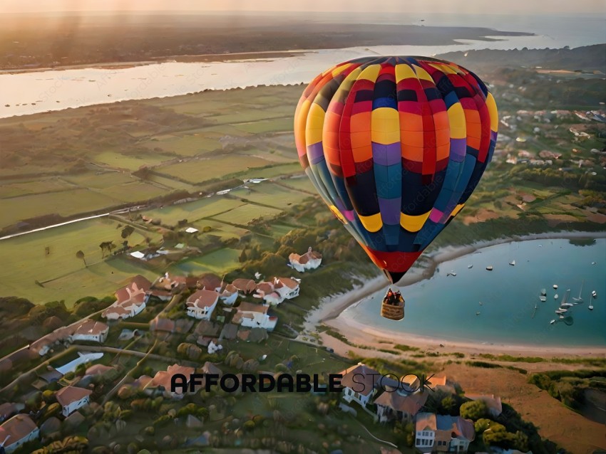 A hot air balloon is flying over a town with houses and a lake