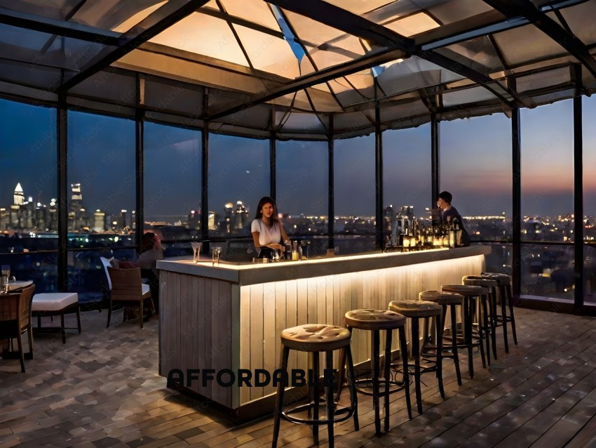 A bar with a city view and a woman standing behind it