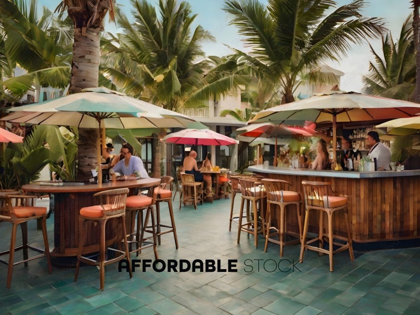 A tropical bar with patio seating and palm trees