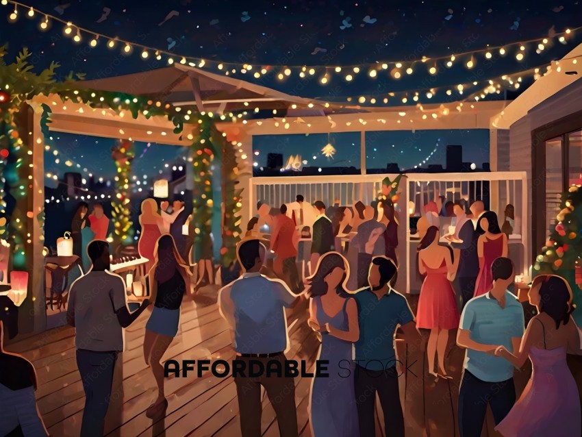 A group of people are at a party on a deck