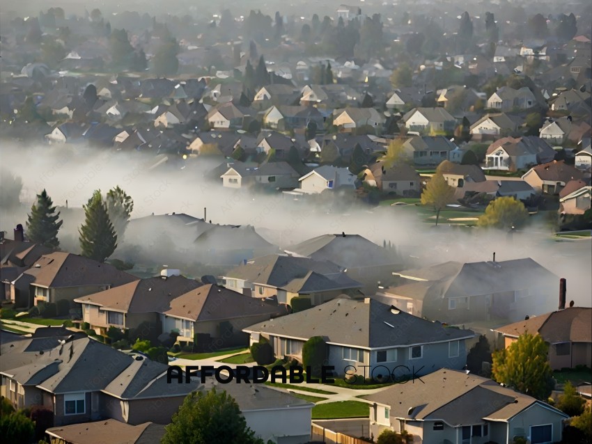 A view of a neighborhood with a foggy atmosphere