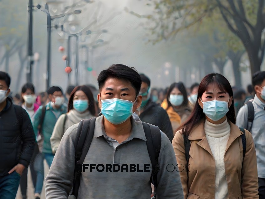 People wearing face masks walking down a street