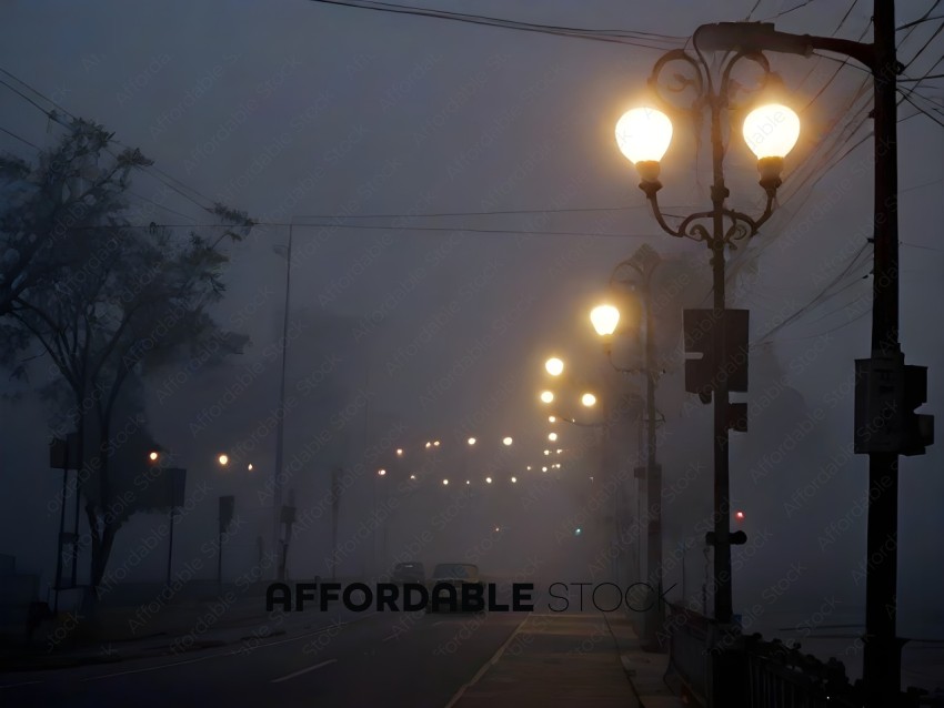 Cars on a foggy street at night with street lights
