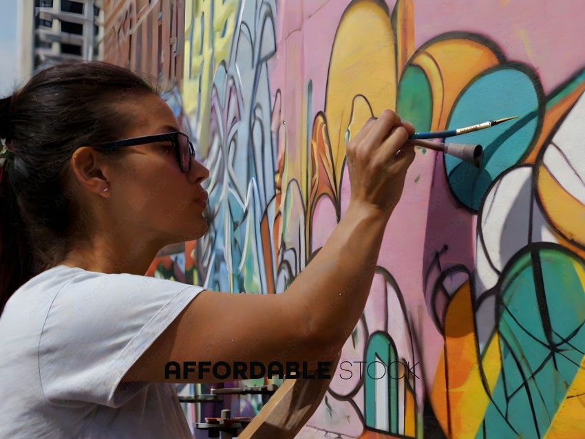 A woman painting a mural on a wall