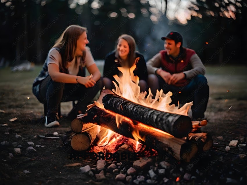 Three friends sitting around a fire