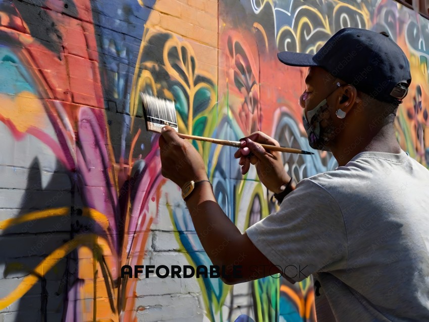 Man Painting Graffiti on Wall