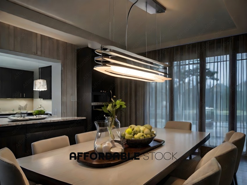 A modern kitchen with a center island and a hanging light