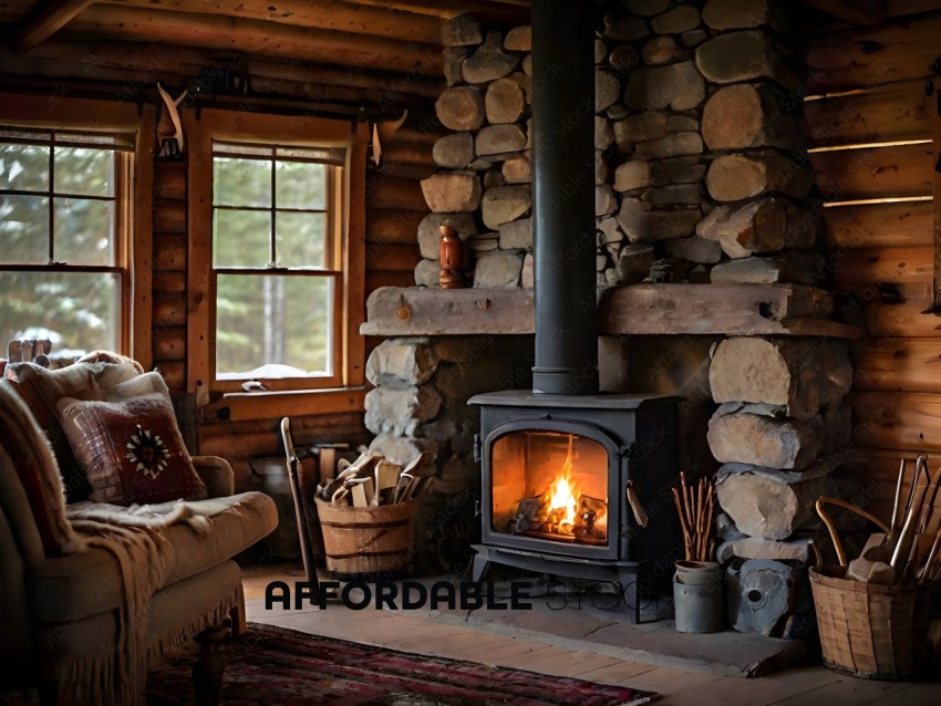 A cozy cabin with a fireplace and a couch