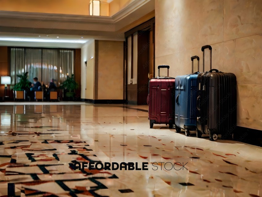 Three Suitcases Lined Up in a Hotel Lobby