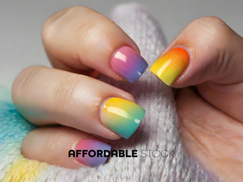 A person with a rainbow colored nail polish on their nails