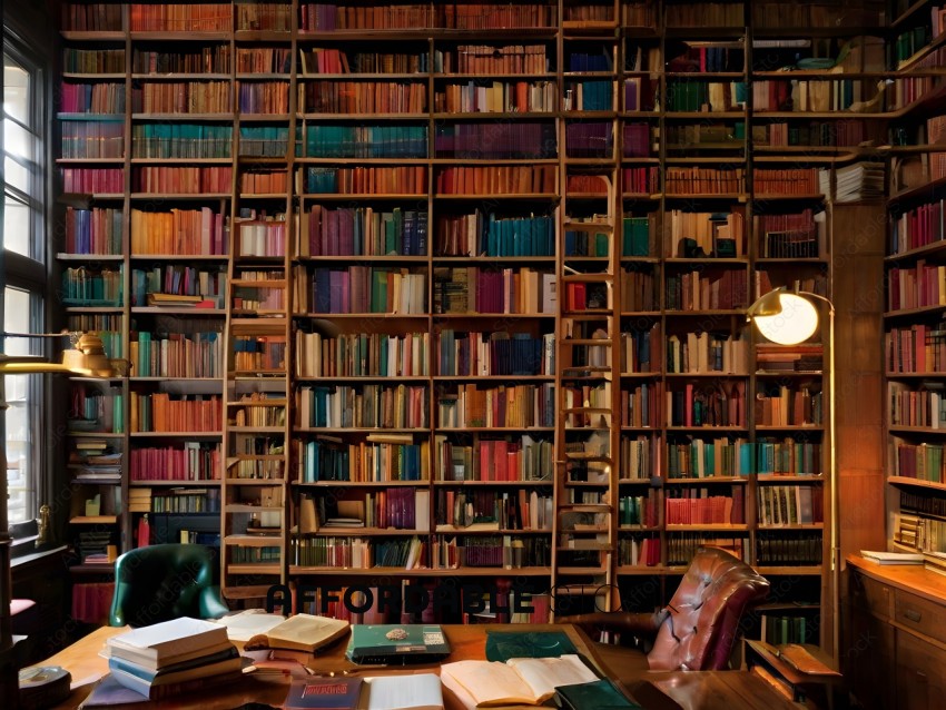 A room full of books with a desk in the foreground