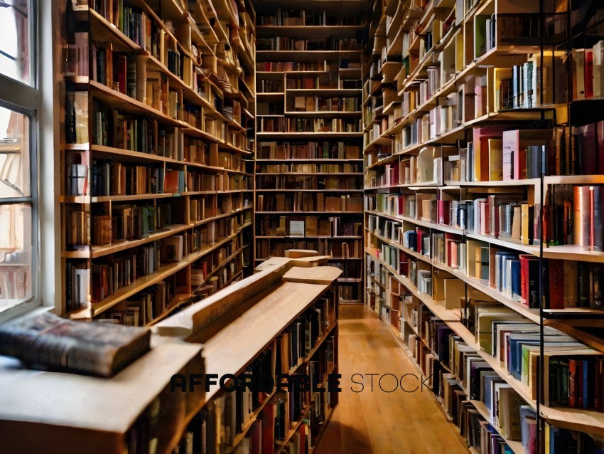A long narrow room filled with bookshelves
