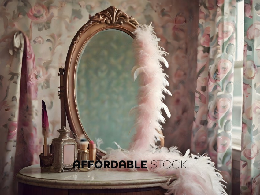 A pink feather boa on a vanity