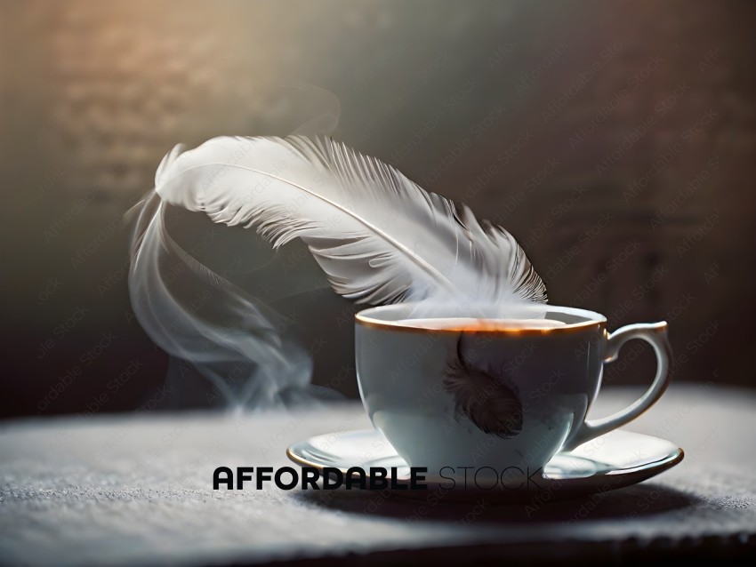 A cup of coffee with a feather in it