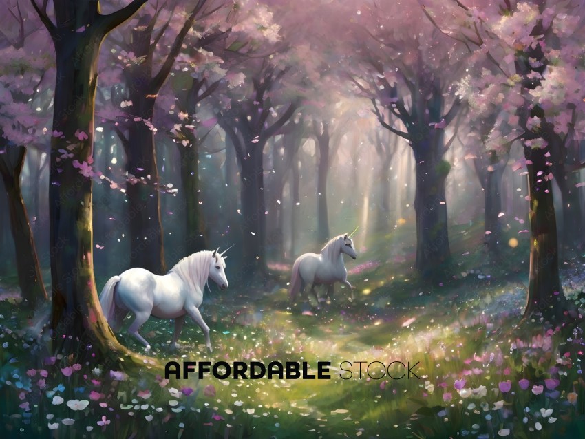Two white horses in a forest with pink flowers