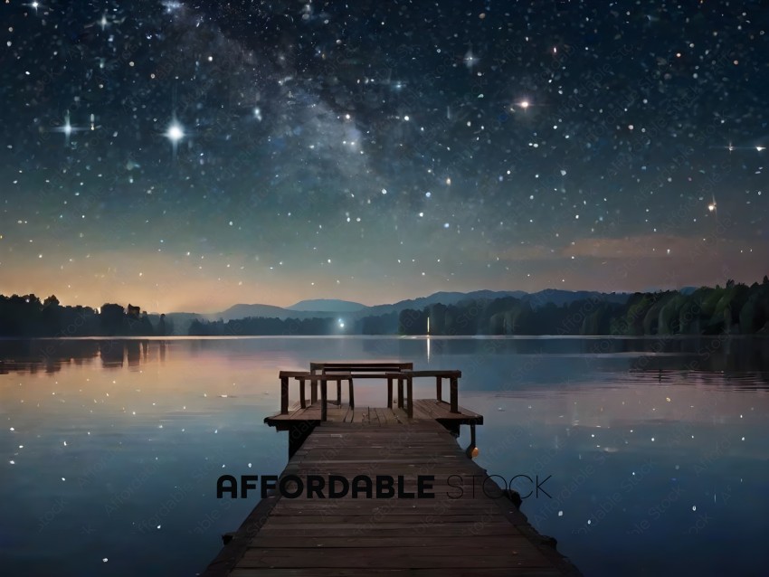 A bench on a dock at night with stars