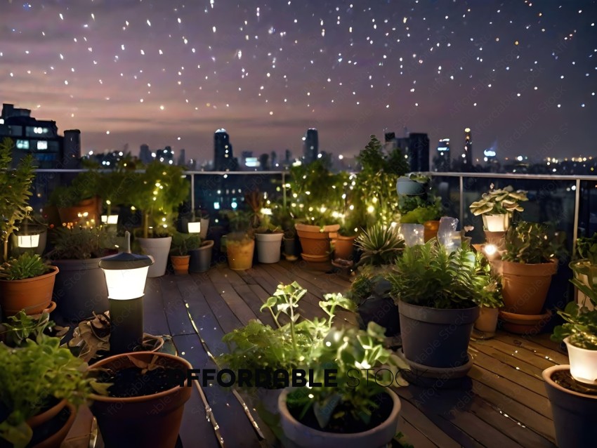 A nighttime view of a balcony with potted plants and lights