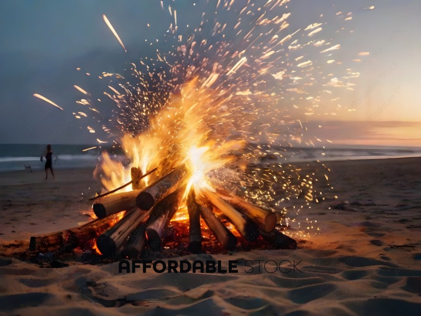 A fire on the beach with a lot of sparks