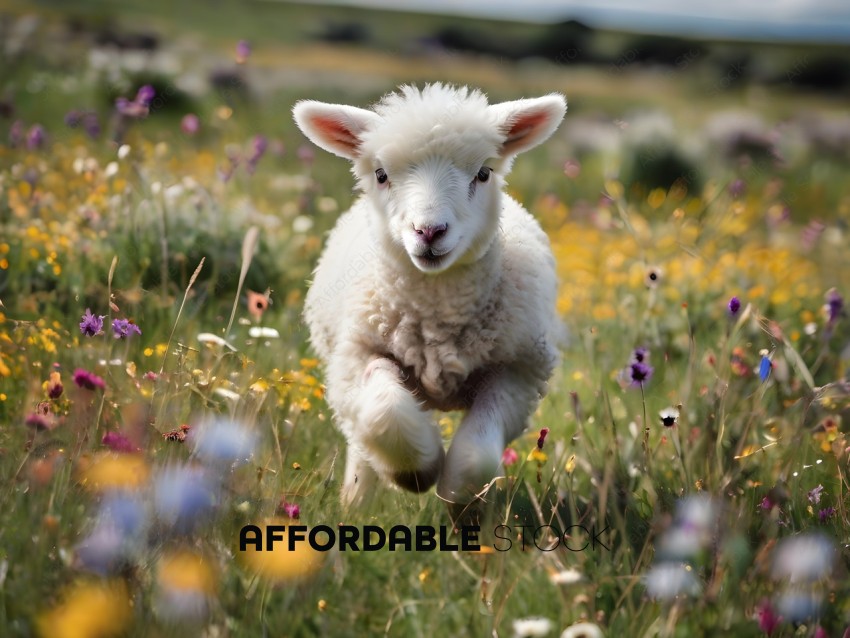 A lamb running through a field of flowers