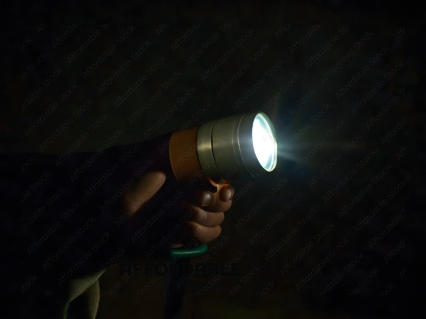 A person holding a flashlight in a dark room