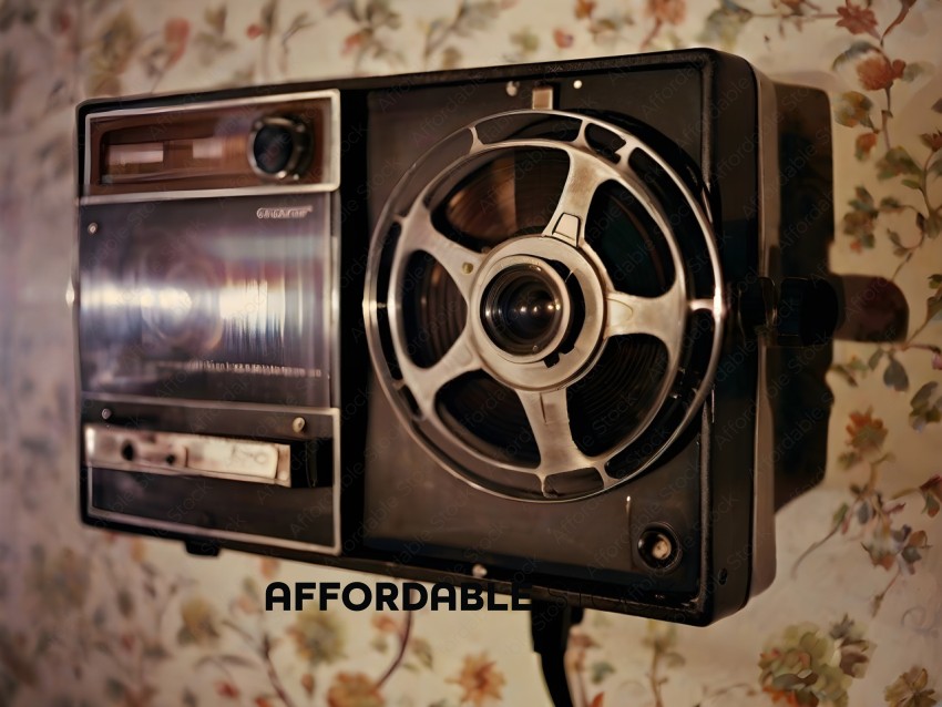 A vintage style fan with a floral wallpaper in the background