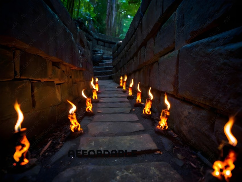 A pathway with fire on the ground