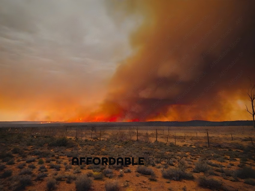 A large fire in the desert with a cloudy sky
