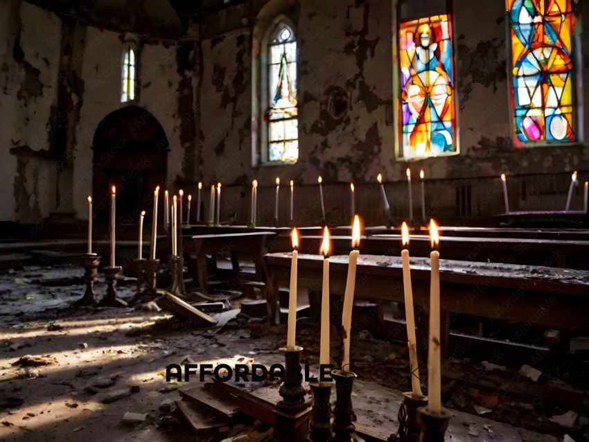 Candles in a church with stained glass windows