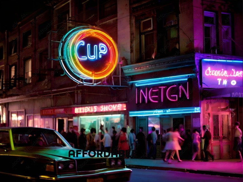 A crowd of people walking down a street at night with neon signs in the background