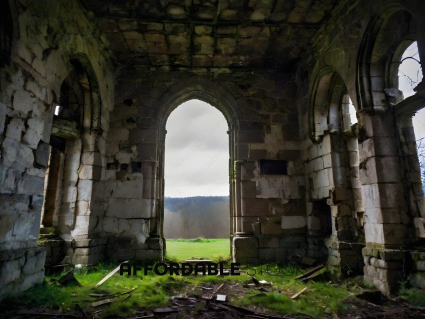 An abandoned building with a view of the countryside