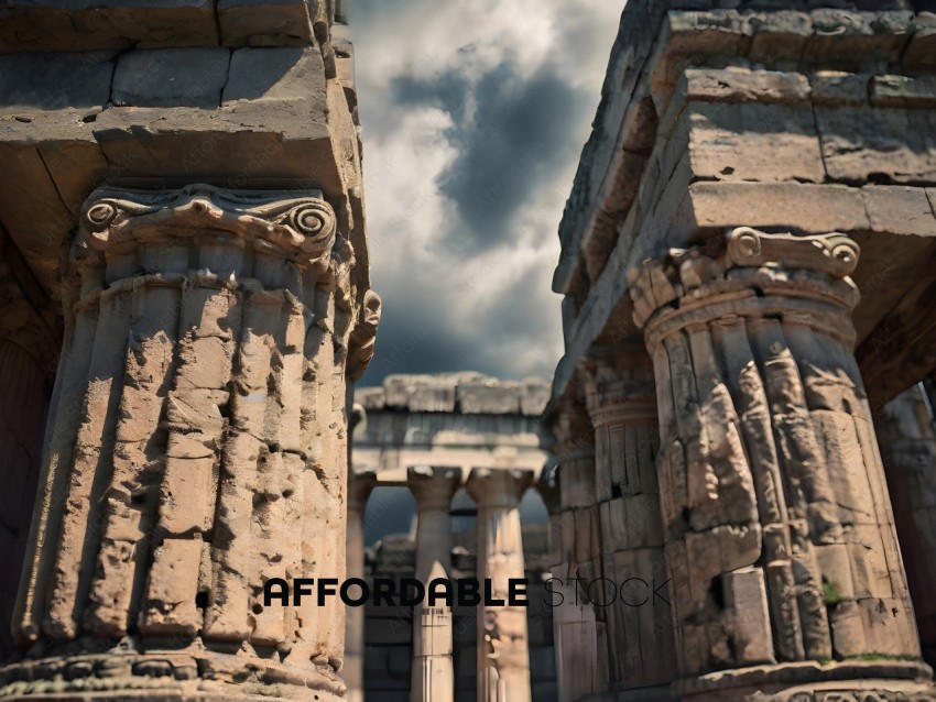 Ancient ruins with columns and sky in the background