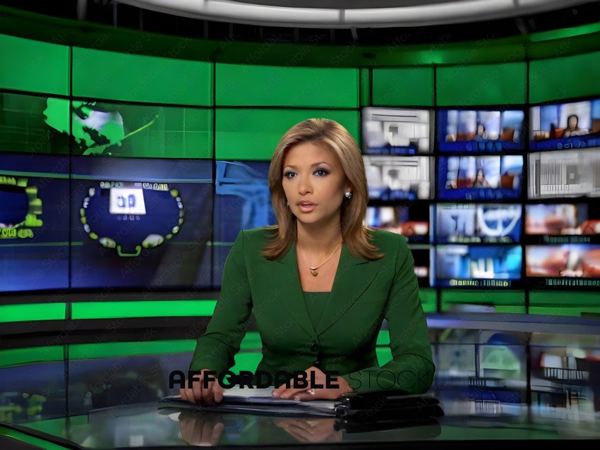 A news anchor in a green suit
