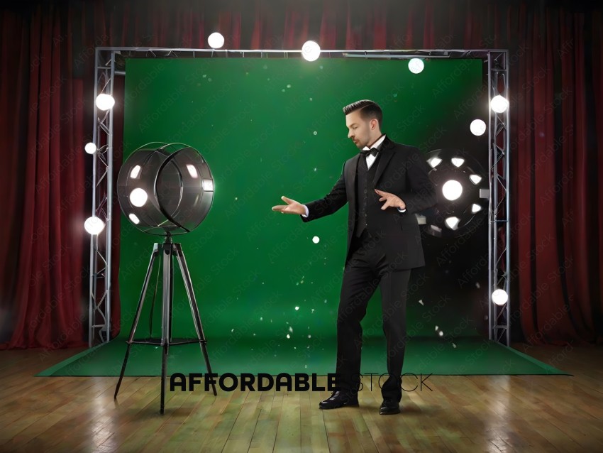 Man in Tuxedo and Bow Tie in Front of Green Screen