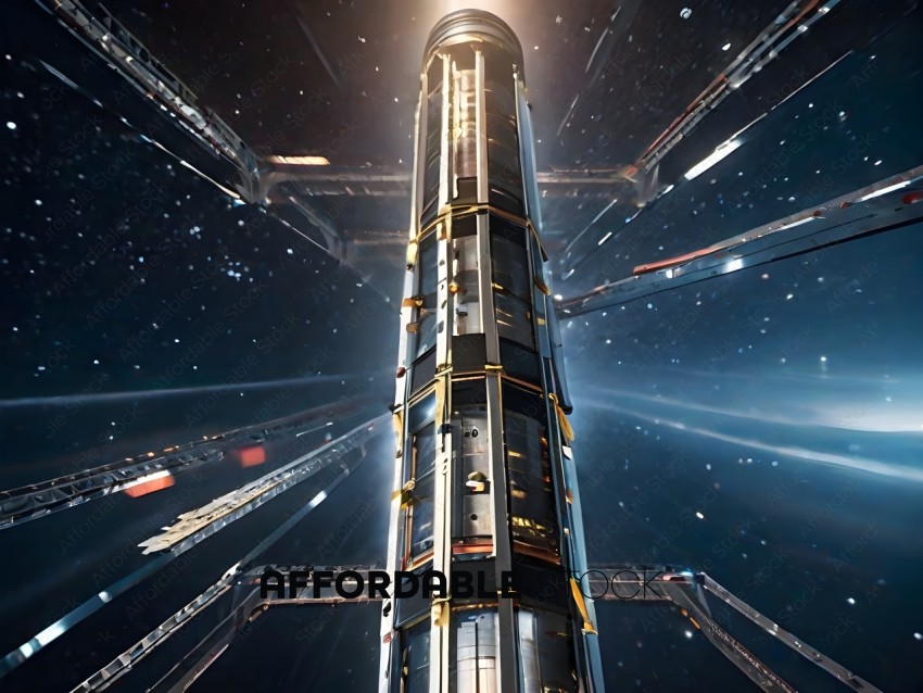 A futuristic space station with a large central tower
