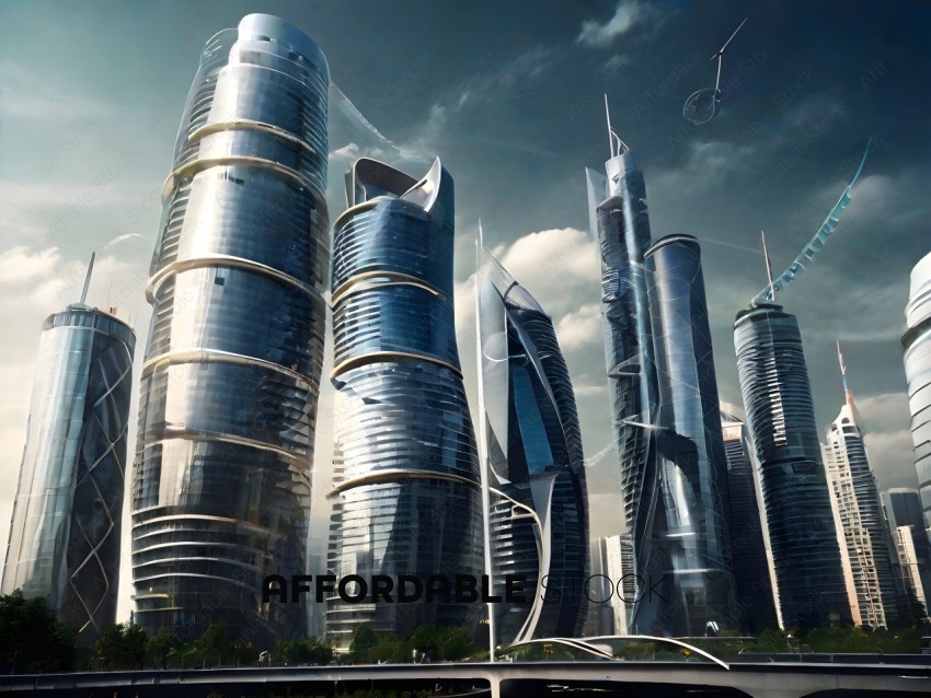 A futuristic city with a bridge and skyscrapers
