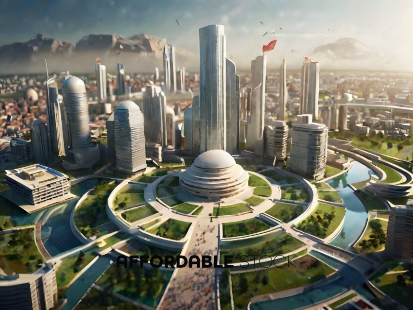 A futuristic city with a large dome in the center