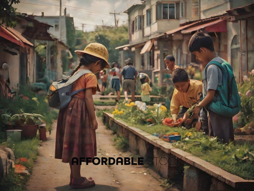 Children in a village planting flowers and vegetables