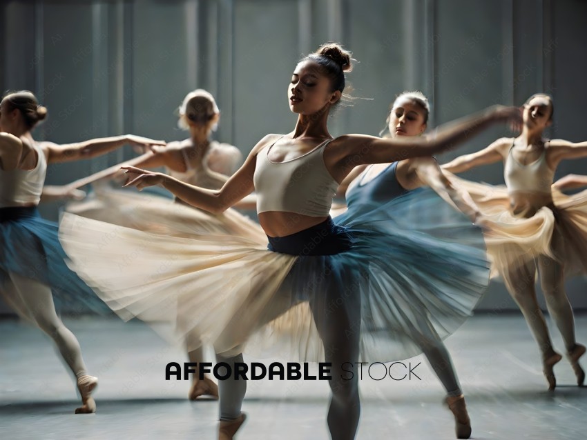 Dancers in a studio, one in the foreground, one in the background, one in the middle