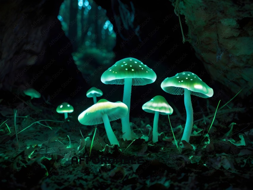 A group of mushrooms with green glowing caps