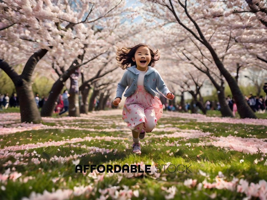 A little girl running through a park with pink flowers