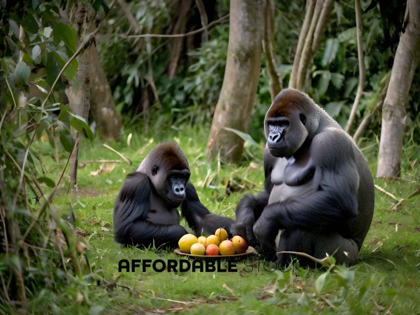 Two gorillas sitting on the ground with a plate of fruit