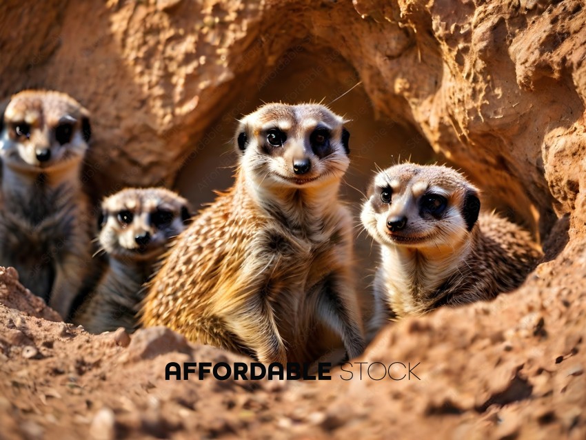 A group of five baby meerkats sitting in a rocky crevice