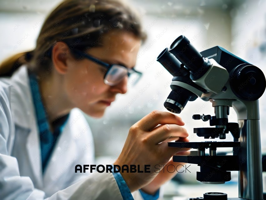 A woman in a lab examining a specimen under a microscope