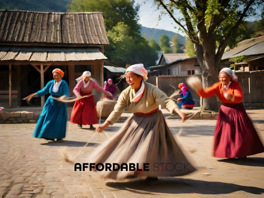 A group of women in traditional garb are dancing in a village