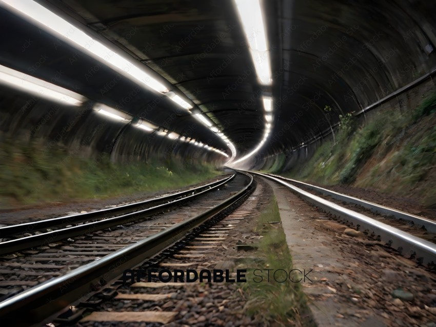 A train track with a tunnel in the background