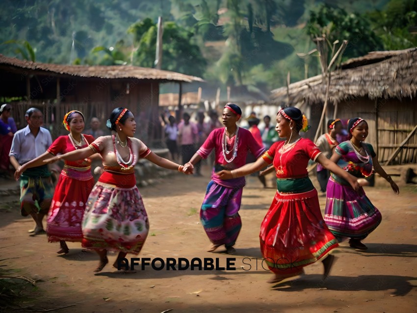 A group of women in colorful dresses dancing in a village