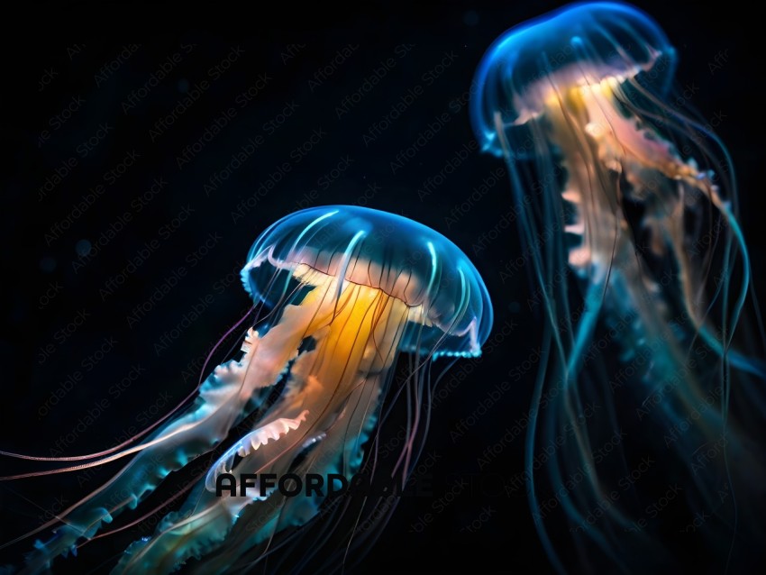 Two blue and white jellyfish with long tentacles